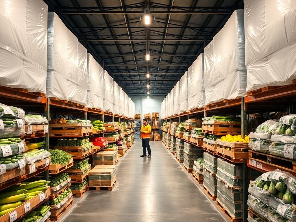 Cold storage warehouse aisle stacked with fresh produce